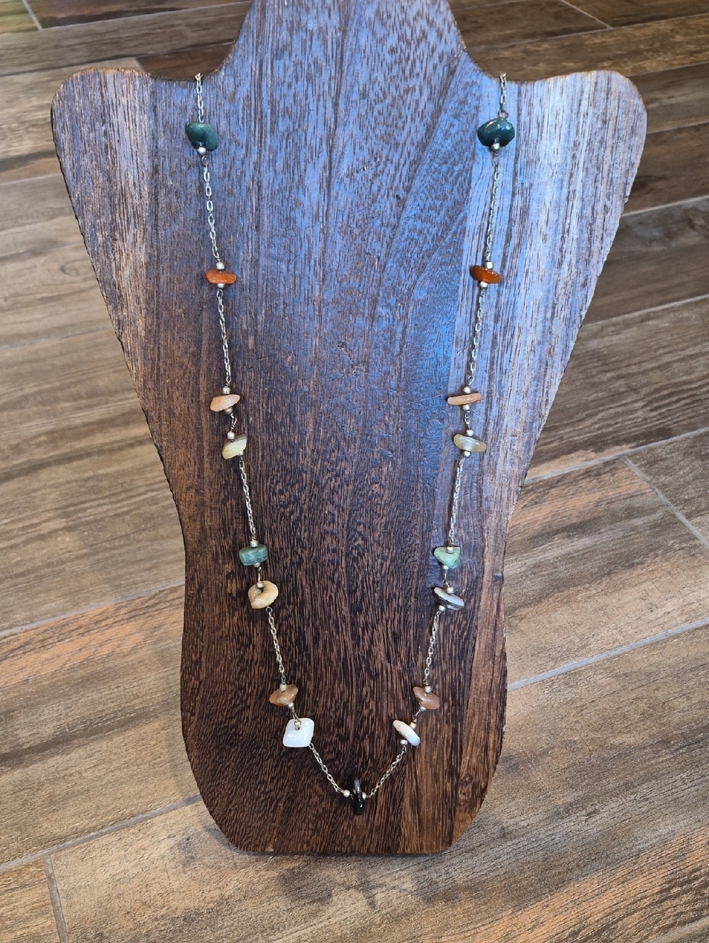 Vintage Long Multicolored Stone Beaded Gold Tone Chain Link Necklace